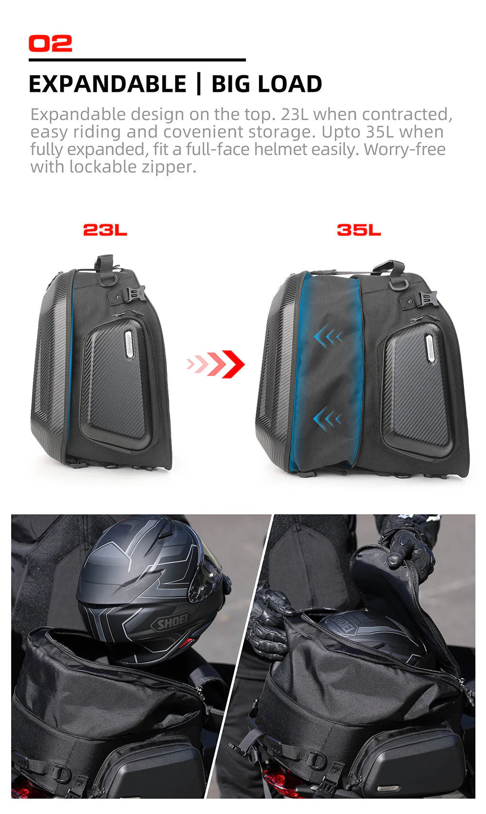 MT2335 - Expandable Motorcycle Tail Bag Cargobag 23L - 35L