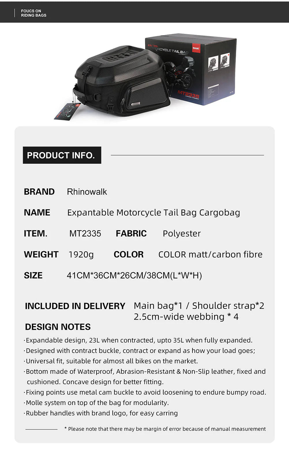 MT2335 - Expandable Motorcycle Tail Bag Cargobag 23L - 35L