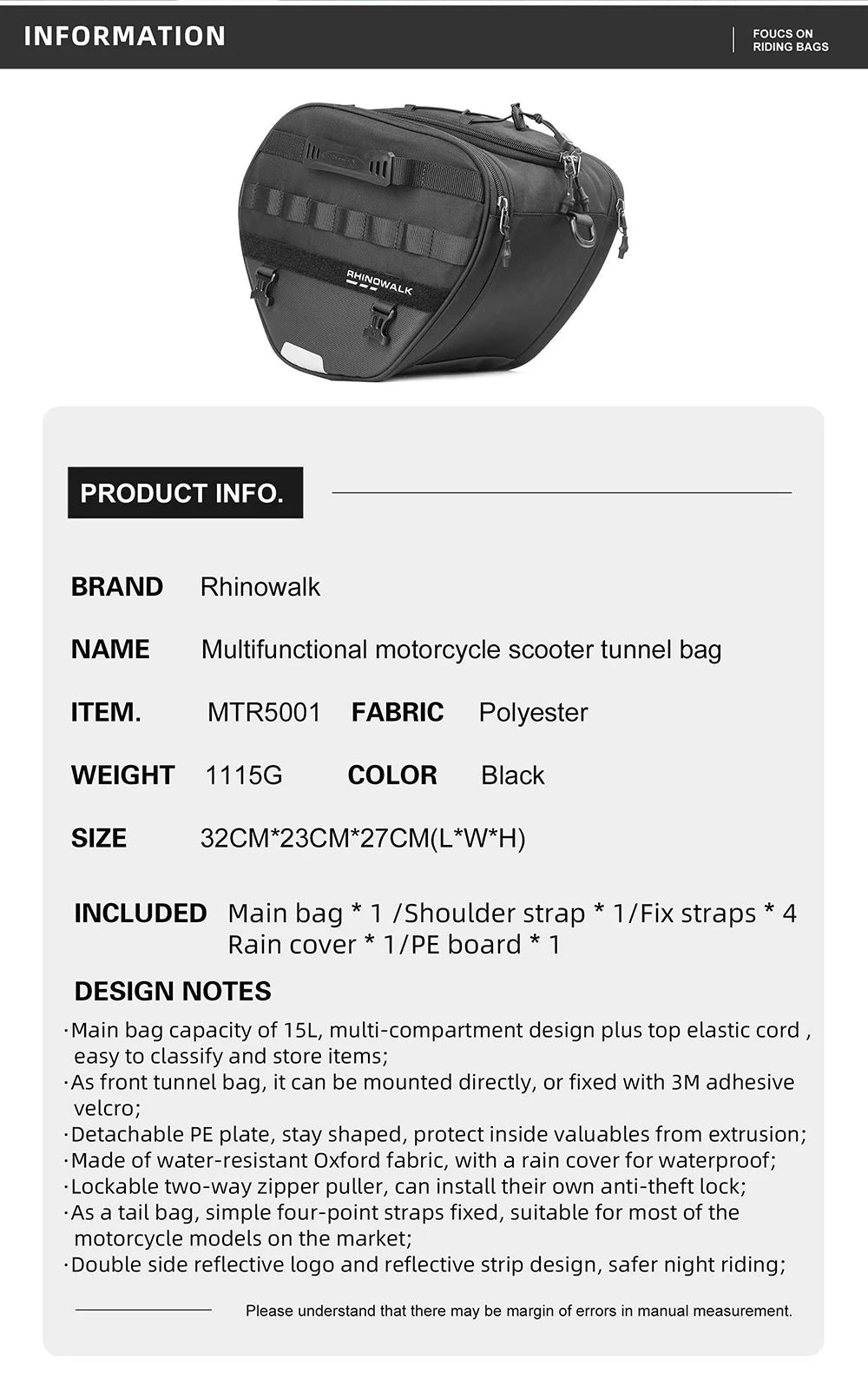MTR5001 - Multifunctional motorcycle scooter tunnel bag 15L