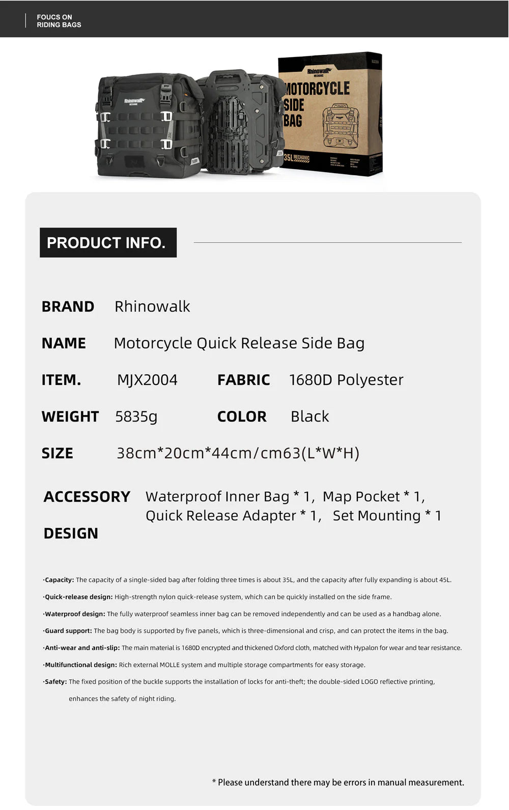 MJX2004BK - Mechanic -35L Quick release side bag
