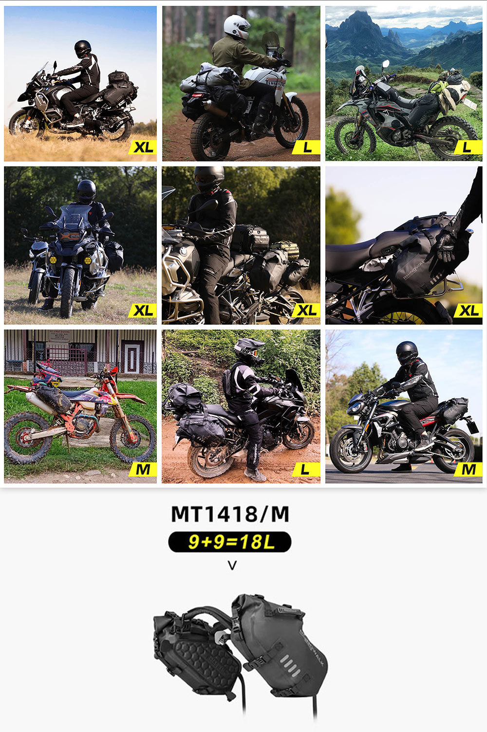 MT1418 - Motorcycle waterproofthrough over saddle bags 9L - 18L