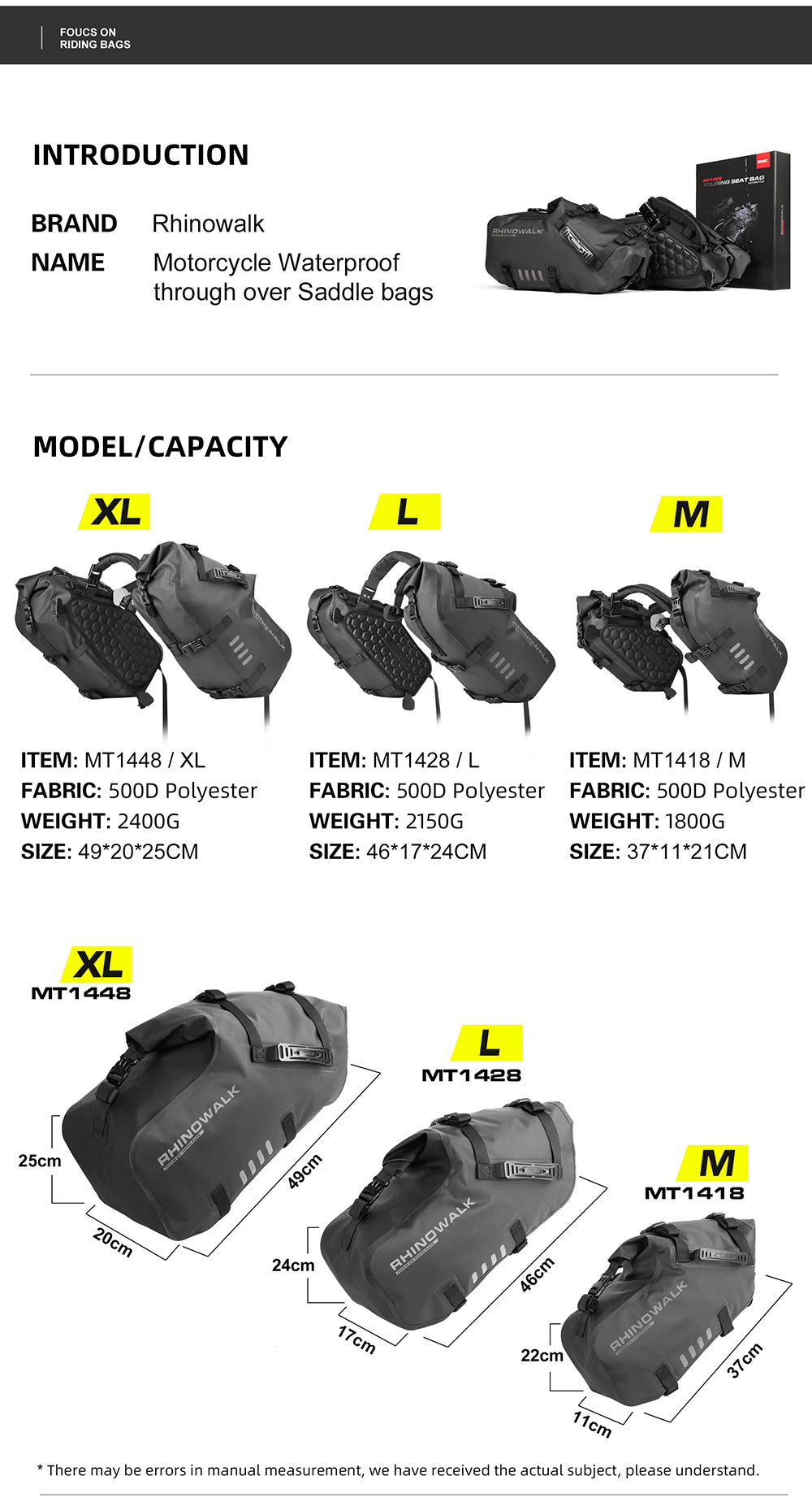 MT1418 - Motorcycle waterproofthrough over saddle bags 9L - 18L