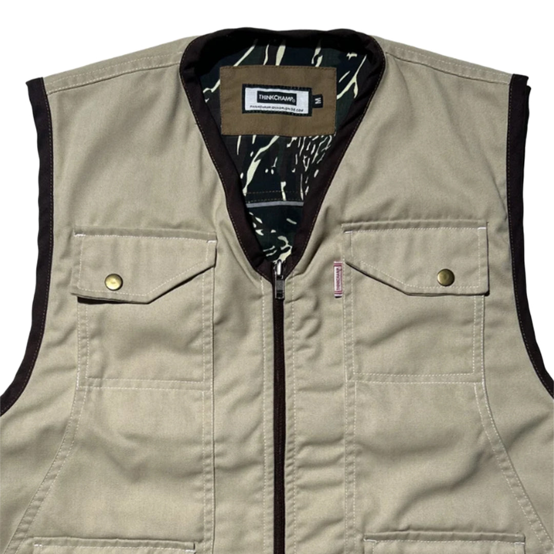 THINKCHAMP - PATHFINDER REVERSIBLE UTILITY VEST IN SAND WHITE AND TIGER CAMOU COLORWAY