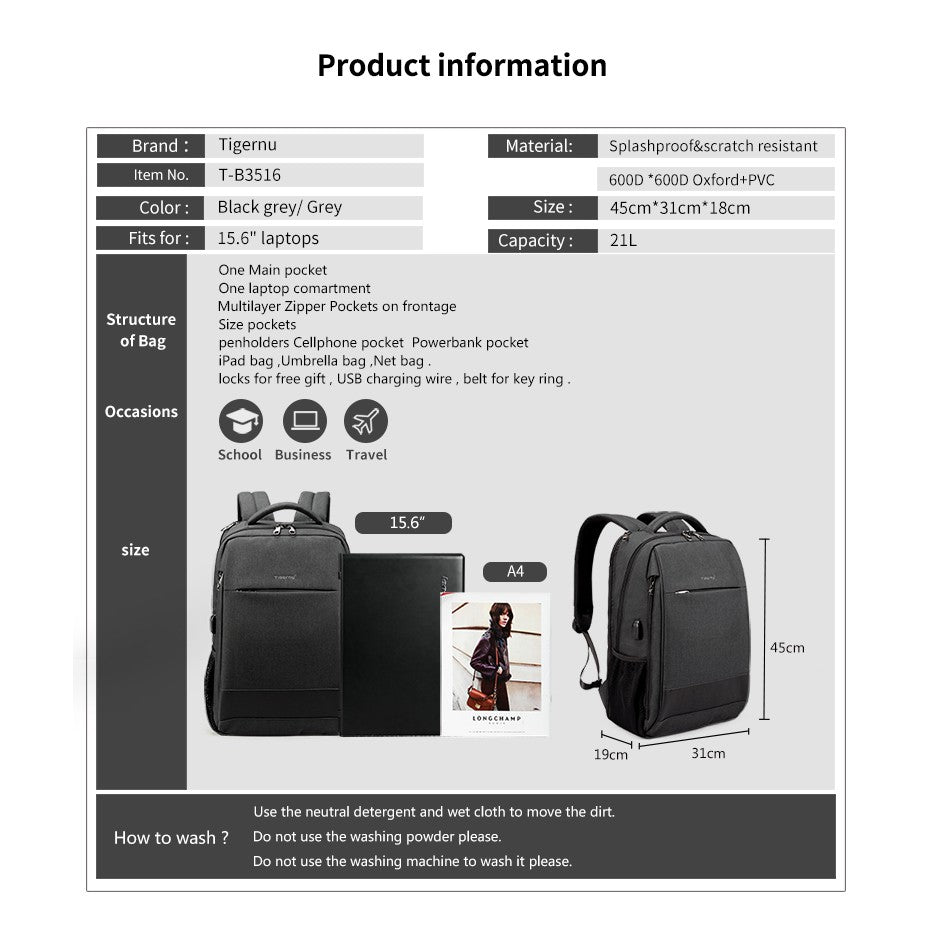 Tigernu T-B3516 15.6 inch Anti Theft Laptop Backpack w/ FreeLock