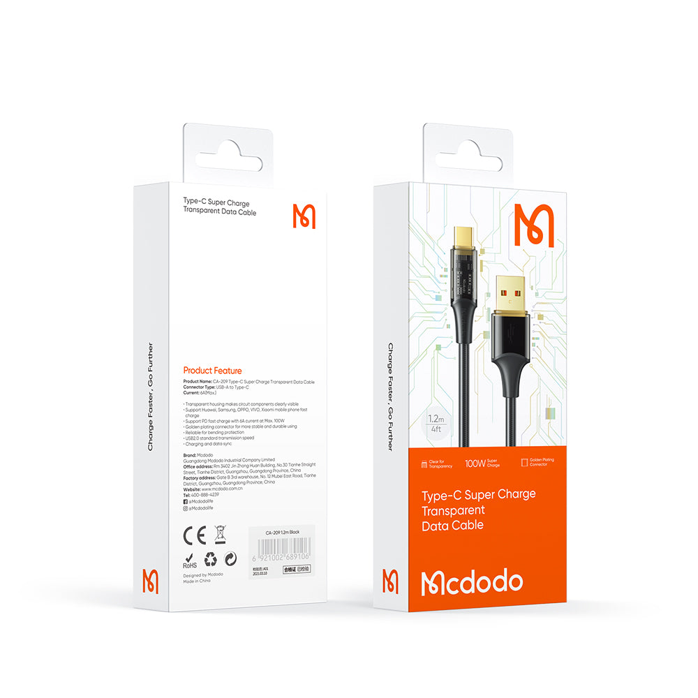 Mcdodo CA-209 6A USB Type C Transparent Data Charging Cable 1.8m Amber Series